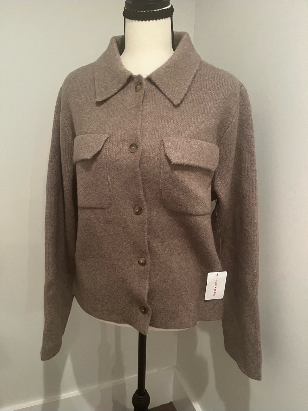 NWT Lucky Brand Womens Taupe Button-Front sweater cardigan/jacket